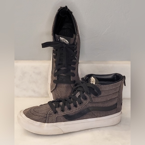 Vans SK8 Hi Gray and Black Herringbone Sneakers - Women's 7.5 /Men's 6 - Picture 1 of 10